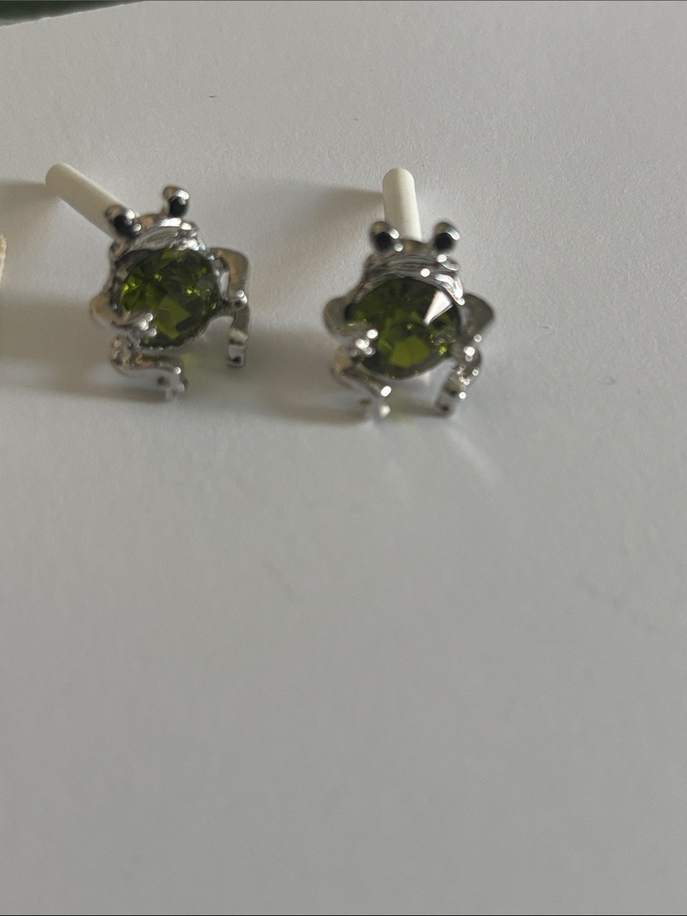 Silver Frog Stud Earrings with Green Gemstone